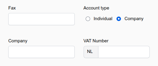 When the option "Company" is selected, the company and VAT ID field are shown