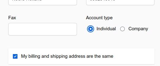 When the option "Individual" is selected, the company and VAT ID field are hidden