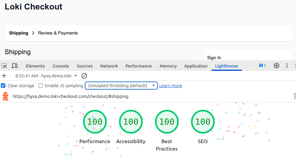 Lighthouse score for performance on the desktop, taken from hyva.demo.loki-checkout.com